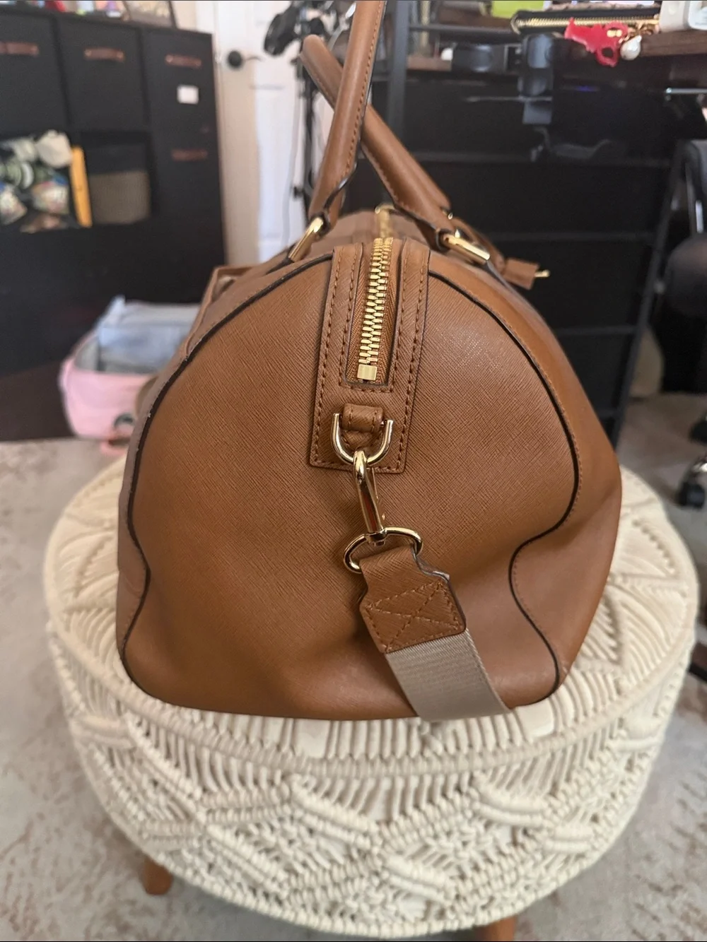 Michael Kors Brown Leather Duffel with Gold Hardware